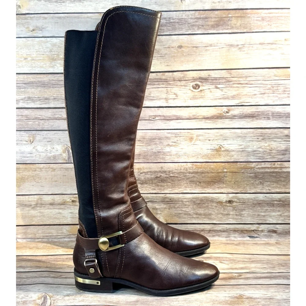 Vince Camuto Womens Brown Leather Pearly Equestriani Riding Boots 9M